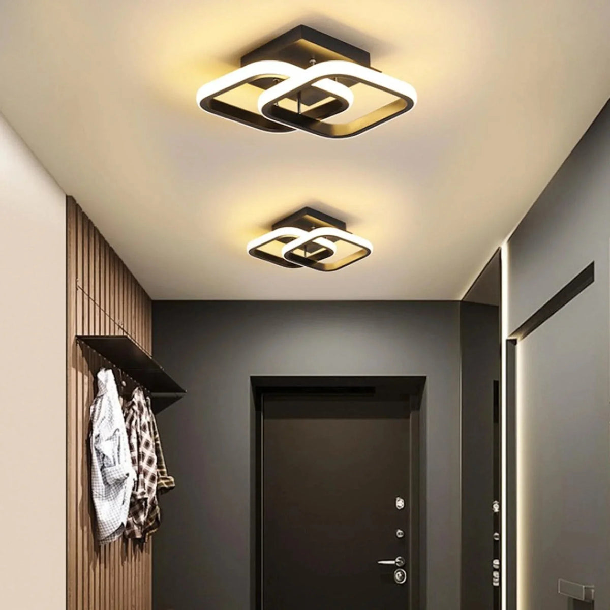 Sculptural Loop LED Ceiling Light - Black Square Pair in Hallway, Warm Light