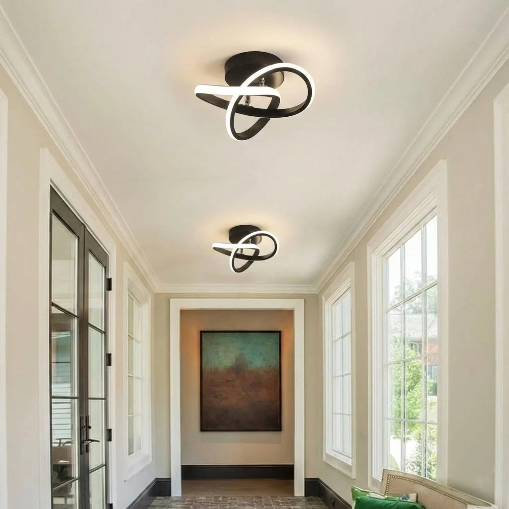 Sculptural Loop LED Ceiling Light - Black Clover Pair in Bright Hallway