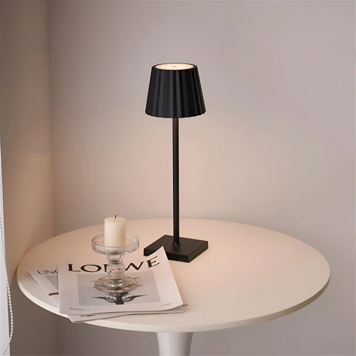 Cordless LED Table Lamp - Black Finish on Round Side Table