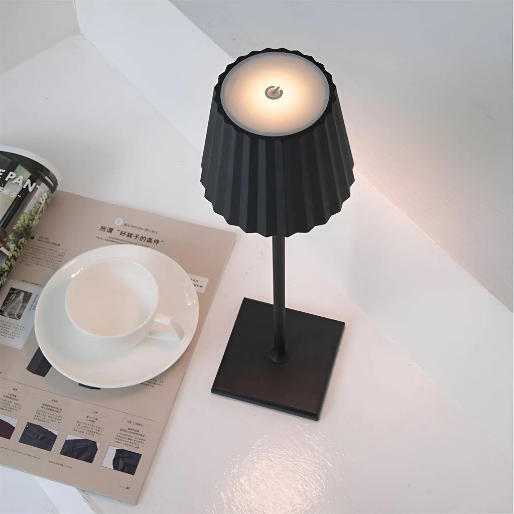 Cordless LED Table Lamp - Close-Up of Pleated Black Shade, Lit
