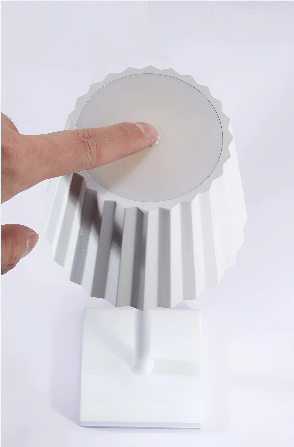 Cordless LED Table Lamp - Close-Up of Touch Control on White Shade