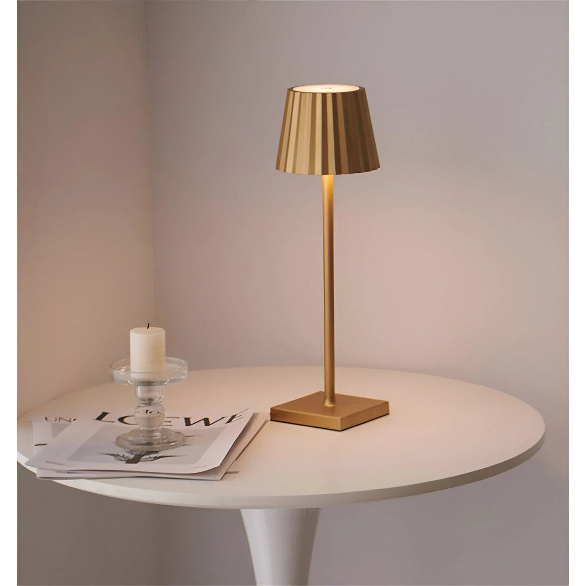 Cordless LED Table Lamp - Gold Finish on Round Side Table
