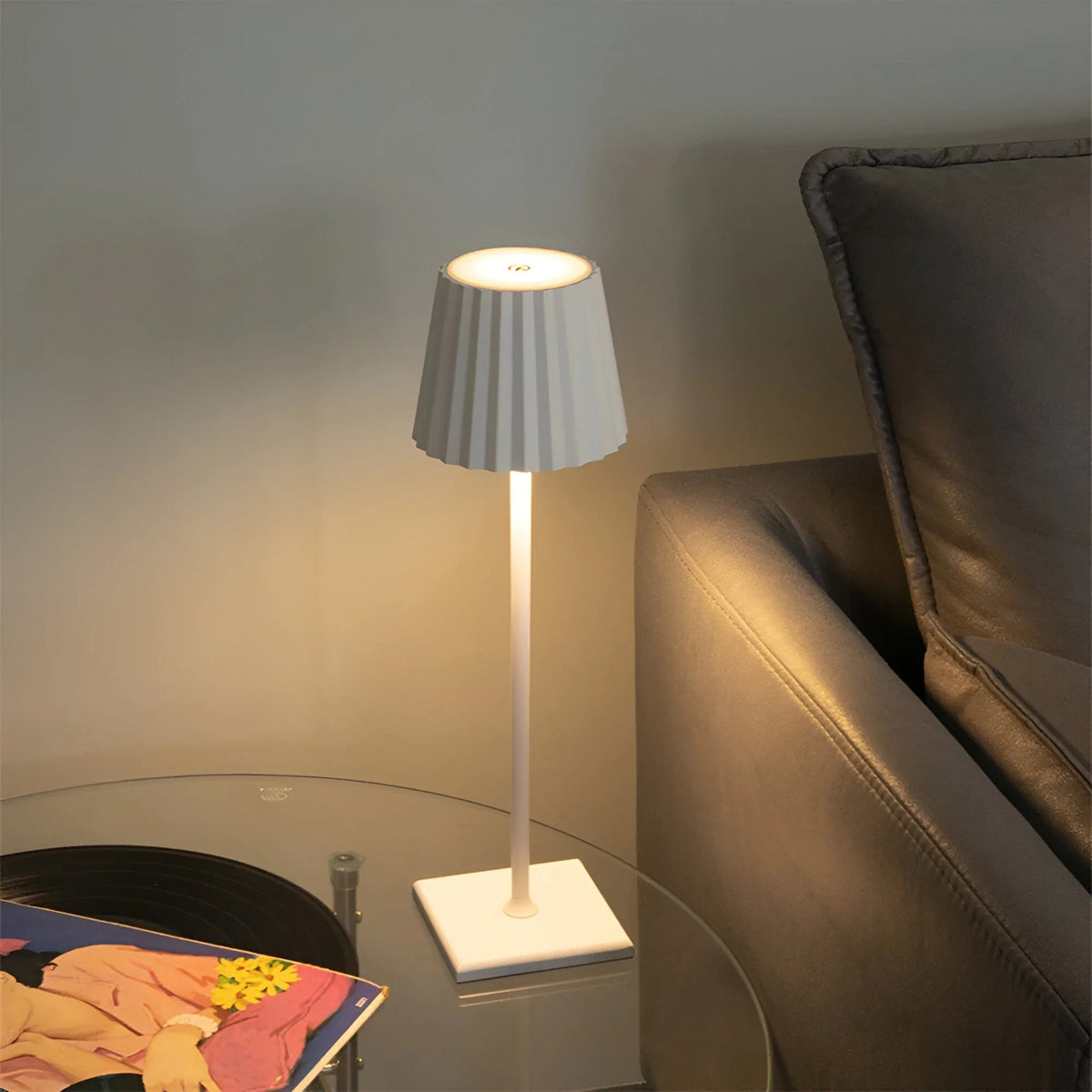 Cordless LED Table Lamp - White Finish on Glass Side Table