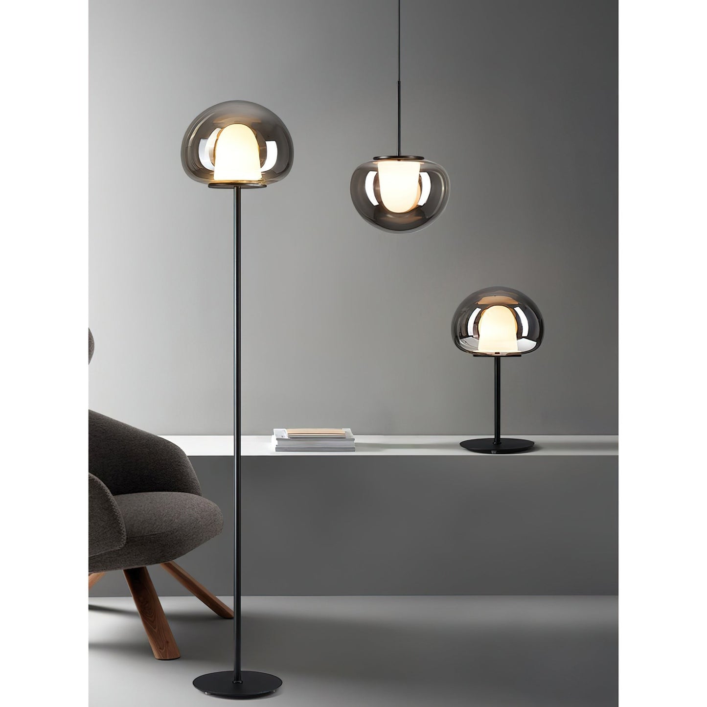 Smoky Black or Amber Glass Dome LED Table Lamp | Two Sizes Built-In