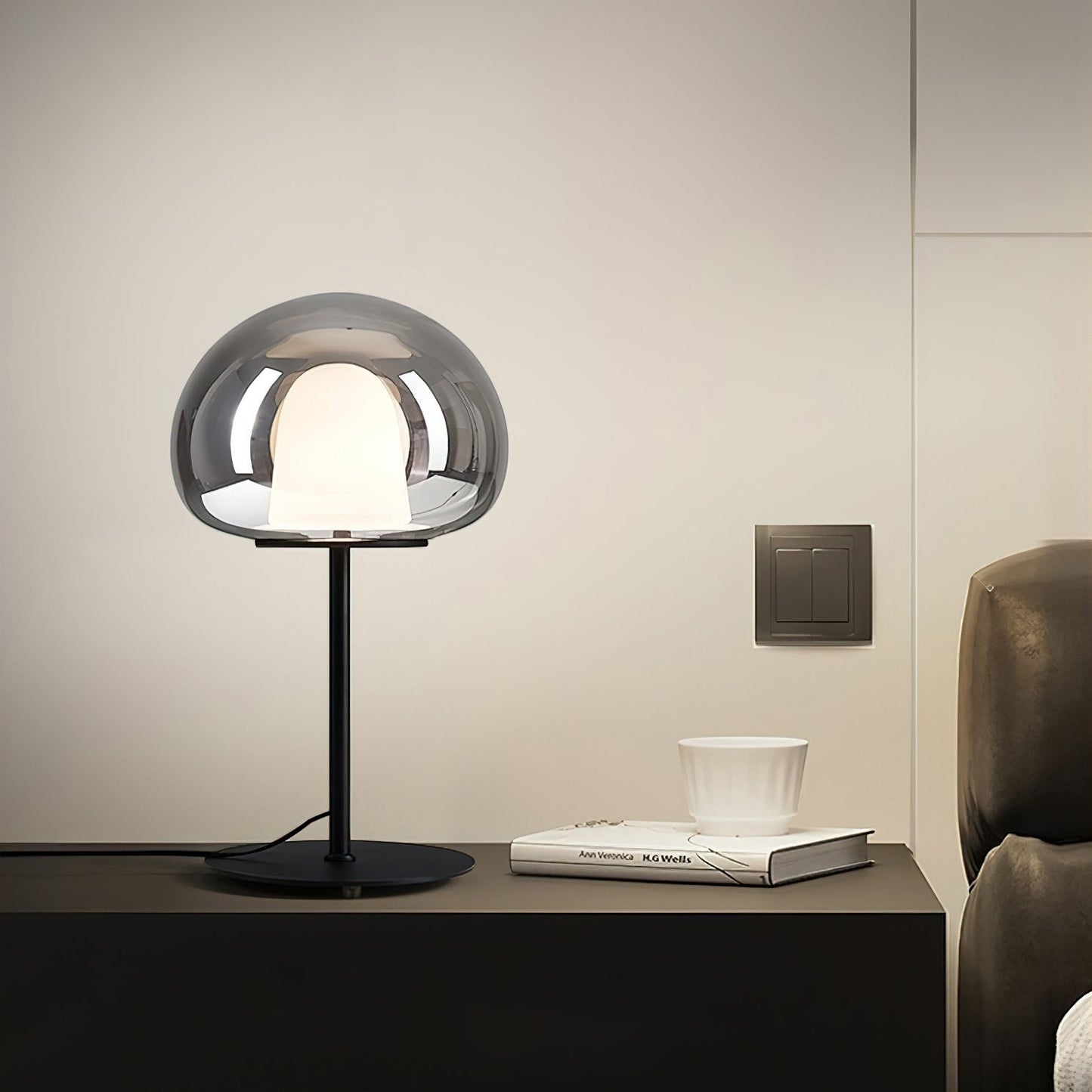 Smoky Black or Amber Glass Dome LED Table Lamp | Two Sizes Built-In