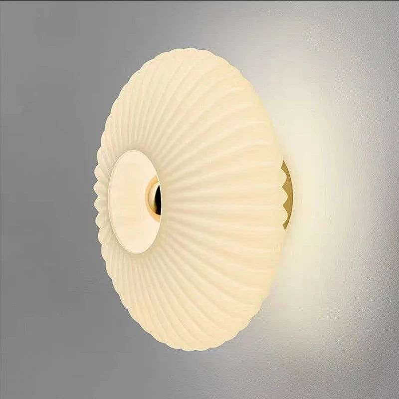 Ribbed Glass Disc Wall Sconce - Frosted White Glass, Lit Side View
