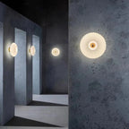 Ribbed Glass Disc Wall Sconce - Frosted White Glass on Concrete Walls