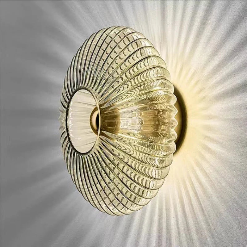 Ribbed Glass Disc Wall Sconce - Smoke Grey Glass, Side View, Lit