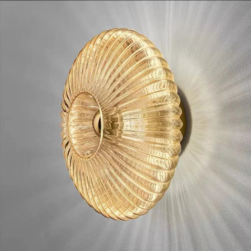 Ribbed Glass Disc Wall Sconce - Cognac Glass, Side View, Lit