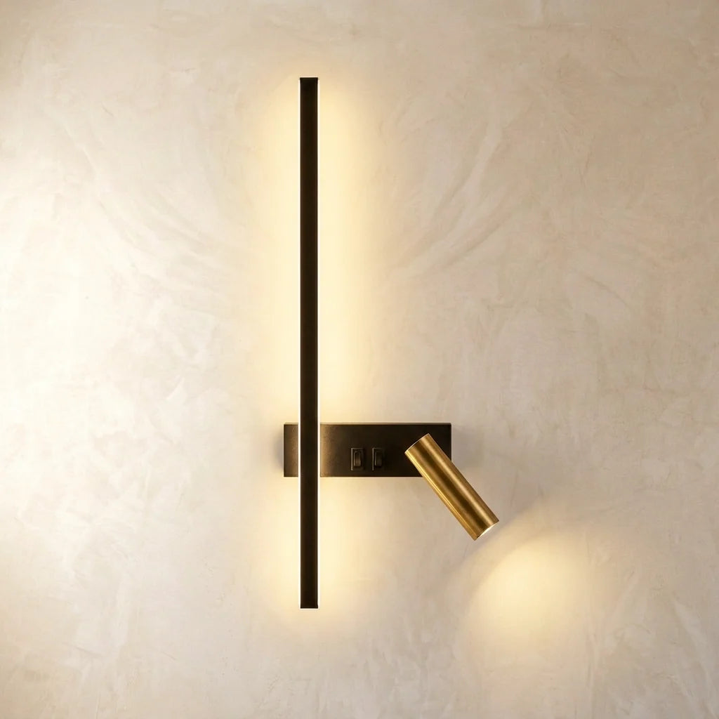 LED Reading Wall Light with Light Bar & Spotlight - Light Bar and Spotlight Lit on Plaster Wall
