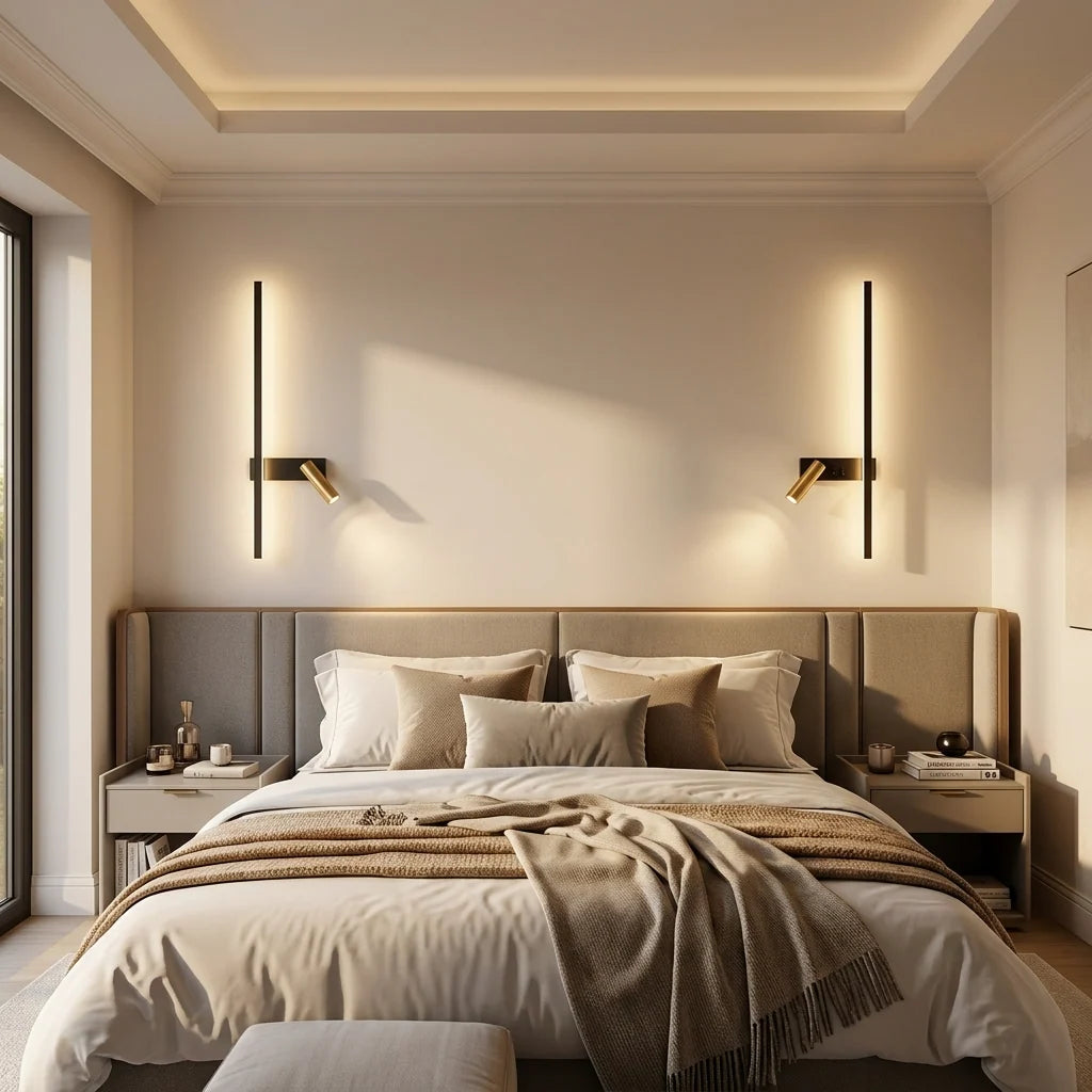 LED Reading Wall Light with Light Bar & Spotlight - Pair Above Bedside Tables, Front View