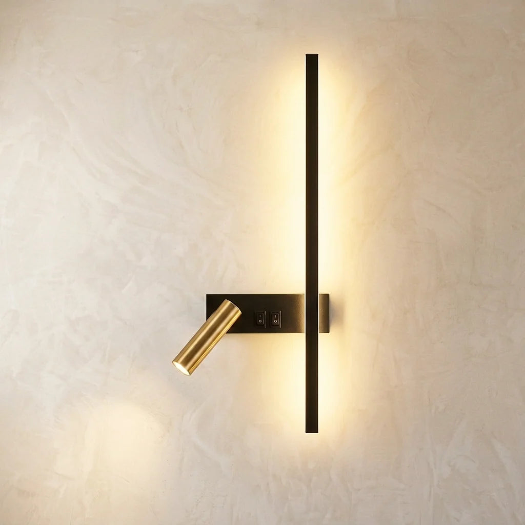 LED Reading Wall Light with Light Bar & Spotlight - Left-Side Version, Lit