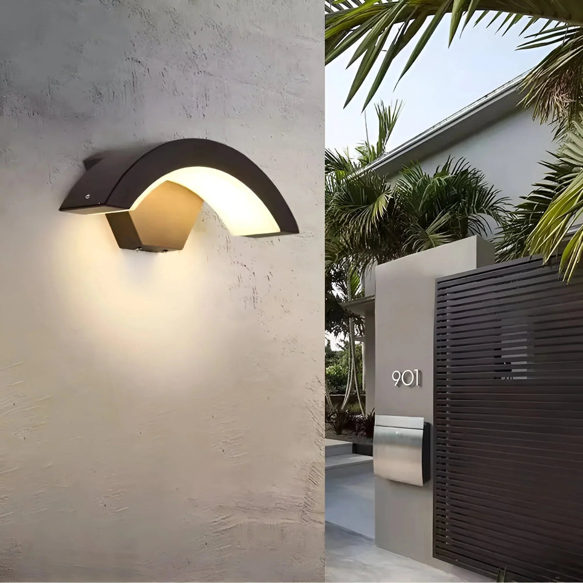 Modern Outdoor LED Wall Light - Lit Beside Gated Entrance