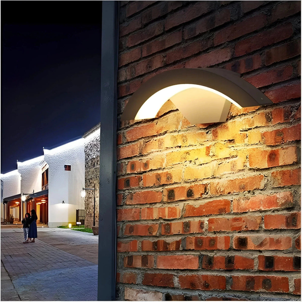 Modern Outdoor LED Wall Light - On Brick Wall at Night
