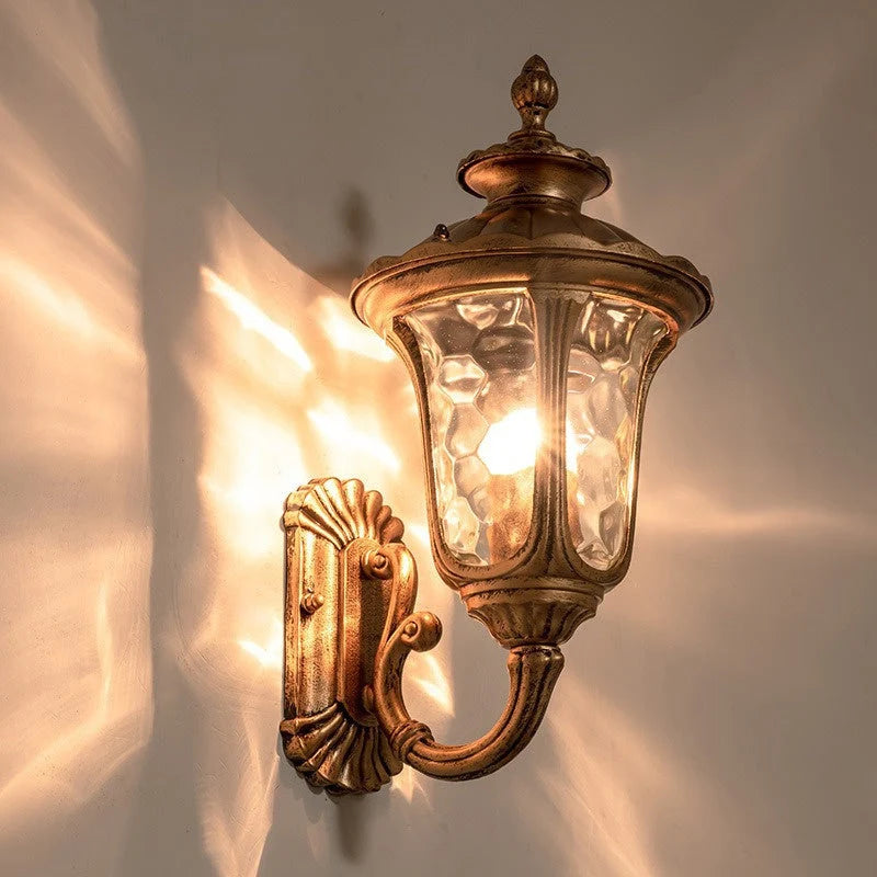 Ripple Glass Outdoor Wall Lantern - Bronze Finish, Lit with Rippled Glow