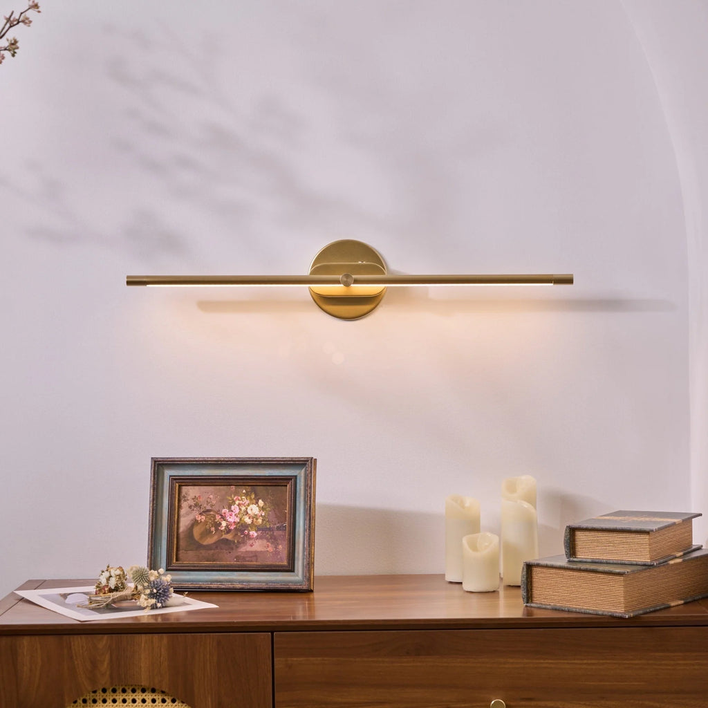 Rechargeable Linear LED Wall Light - Gold Finish Above Sideboard, Warm Light