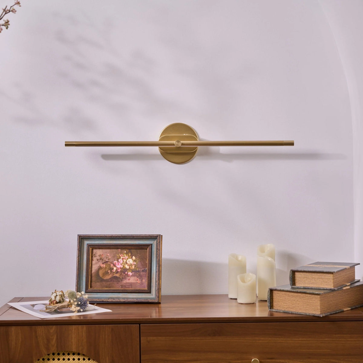 Rechargeable Linear LED Wall Light - Gold Finish Above Sideboard, Unlit
