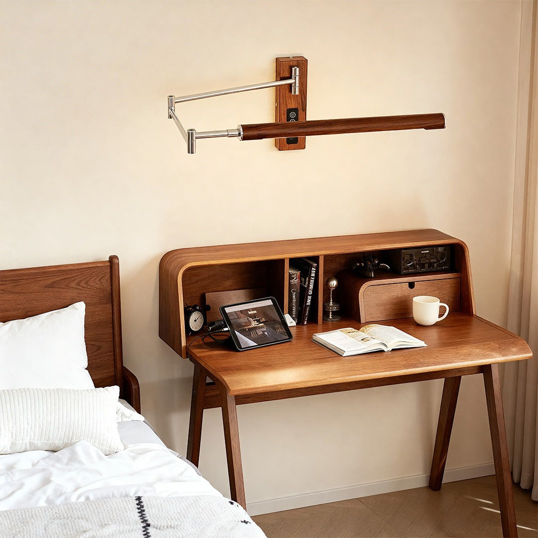 Mid-Century Iron Walnut Swing Arm Wall Sconce | Eye-Protecting LED