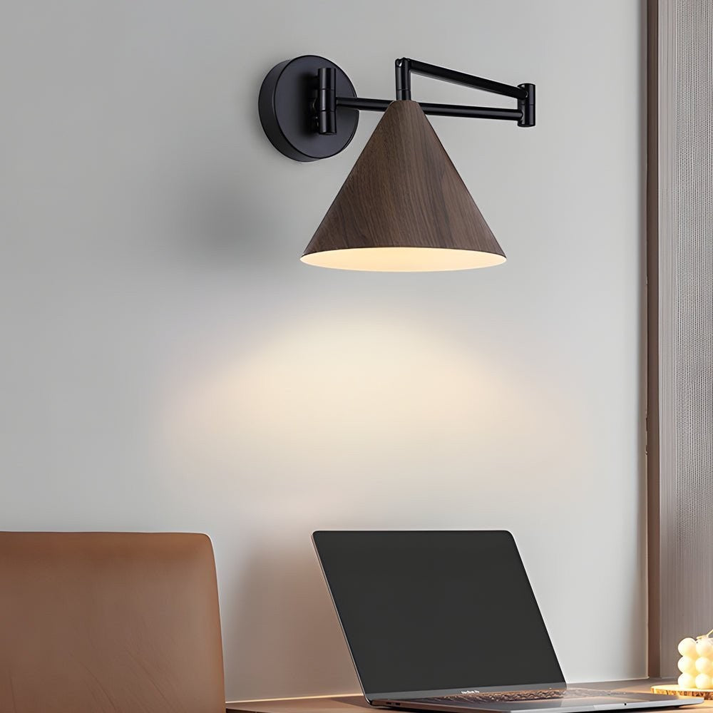1-Light Wood Wall Mount Light | Cone Shaped Swing Arm Wall Sconces