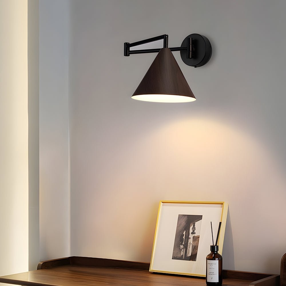 1-Light Wood Wall Mount Light | Cone Shaped Swing Arm Wall Sconces