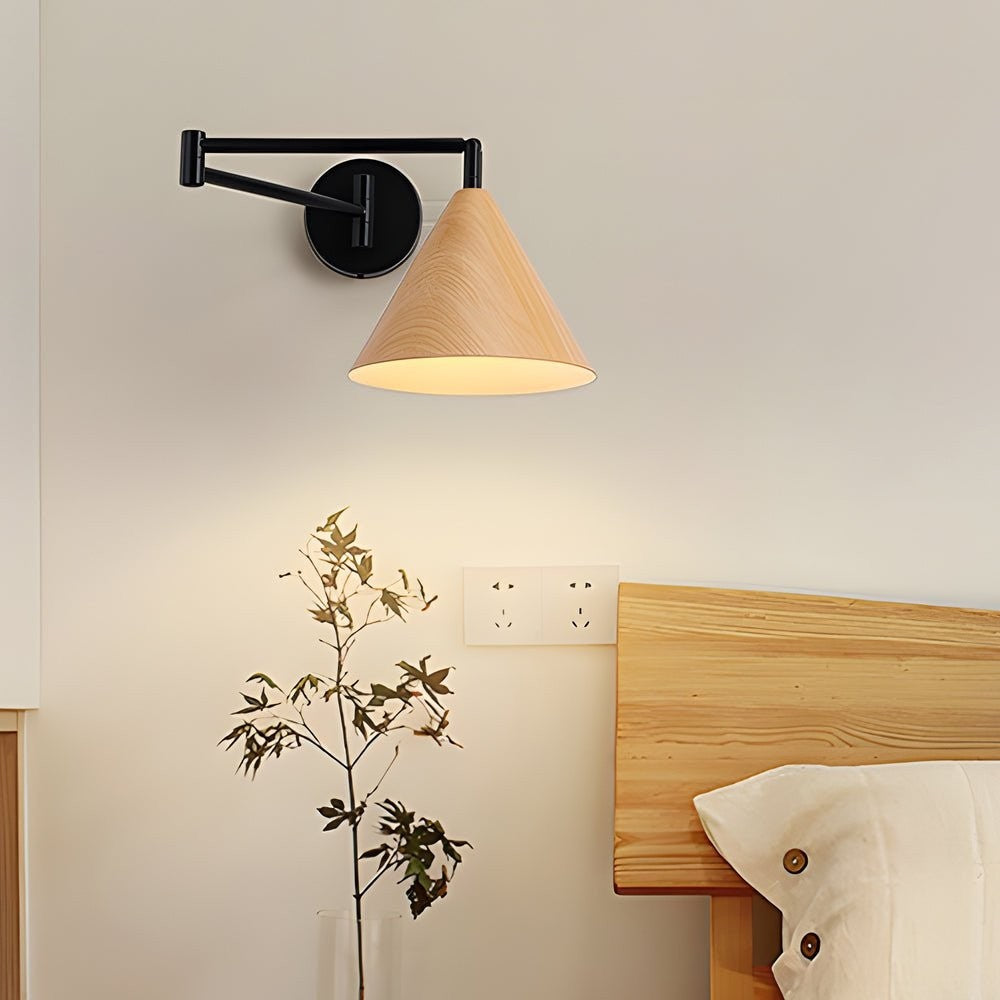 1-Light Wood Wall Mount Light | Cone Shaped Swing Arm Wall Sconces