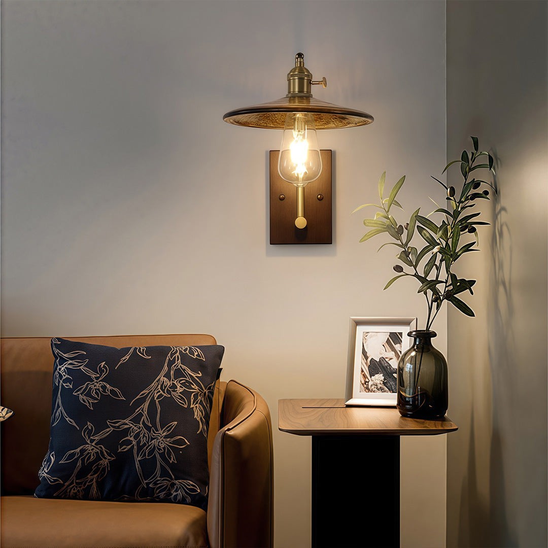 Japanese Retro Rubberwood & Iron Wall Light | E27 Three-Color Glass