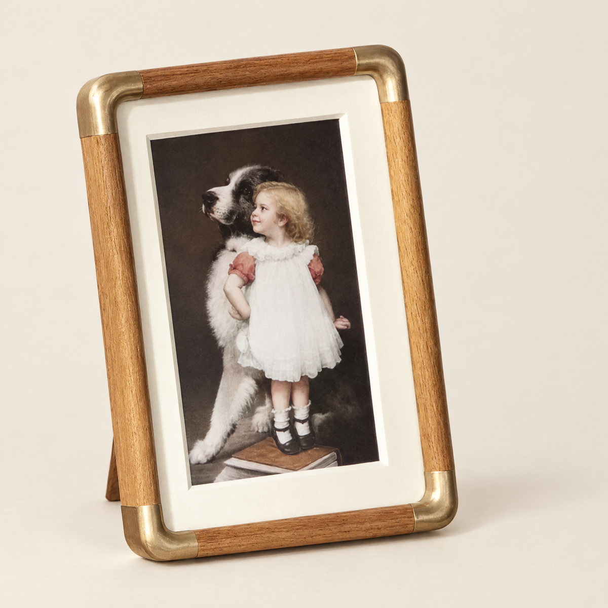 Solid Wood Tabletop Photo Frame with Brass-Tone Corners - Front Angle on Cream Background
