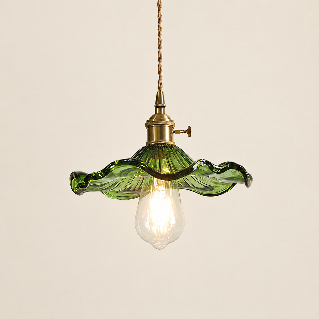 Floral Glass Pendant Light with Brass Fitting - Green Glass on Cream Background