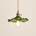 Floral Glass Pendant Light with Brass Fitting - Green Glass on Cream Background