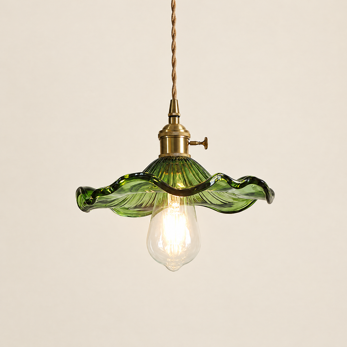 Floral Glass Pendant Light with Brass Fitting - Green Glass on Cream Background