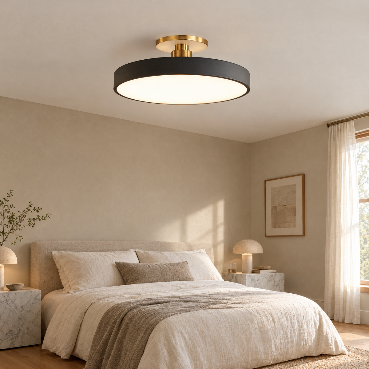 Round LED Ceiling Light with Acrylic Diffuser - Black Finish in Neutral Bedroom