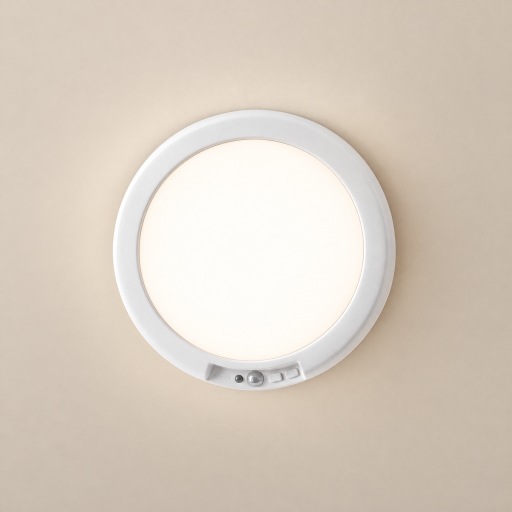 Wireless LED Ceiling Light with Motion Sensor - White Finish with Sensor, Front View