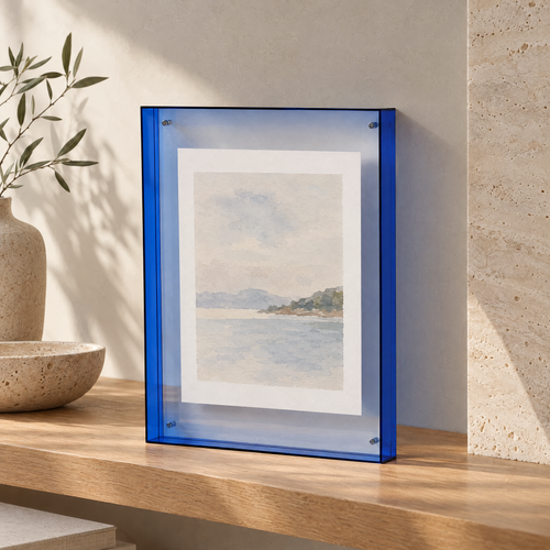 Clear Acrylic Picture Frame with Coloured Edges - Blue Edge Frame on Wooden Shelf