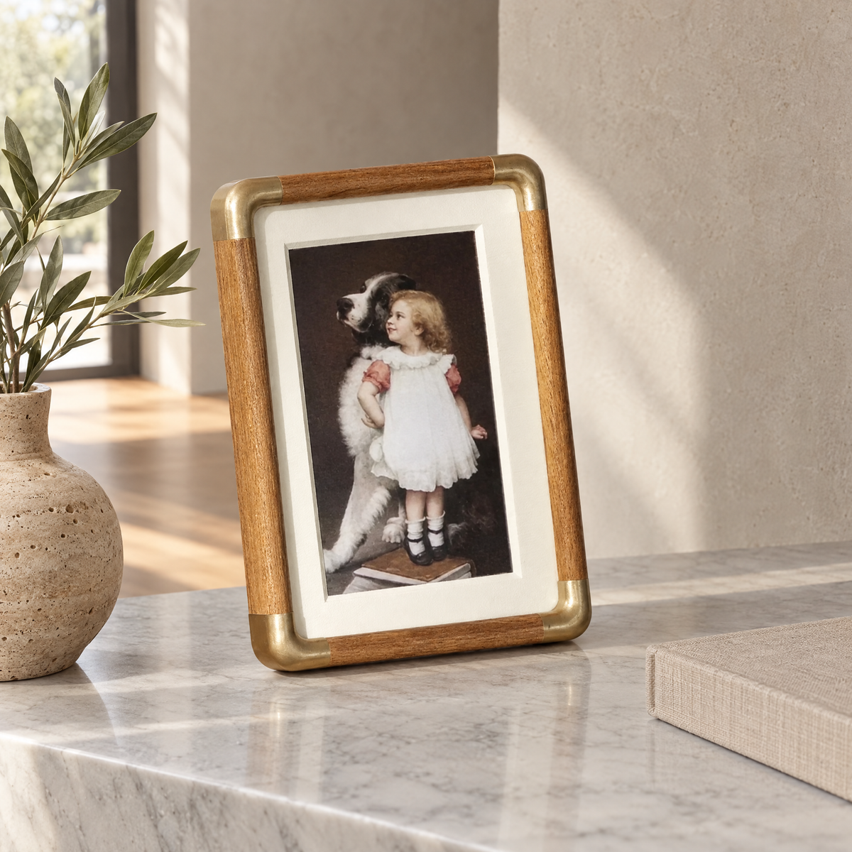 Solid Wood Tabletop Photo Frame with Brass-Tone Corners - On a Marble Shelf with Olive Branch