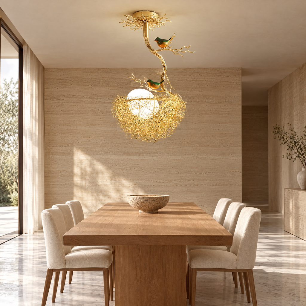 Gold Bird Nest Ceiling Light - Single Nest Light Above Dining Table