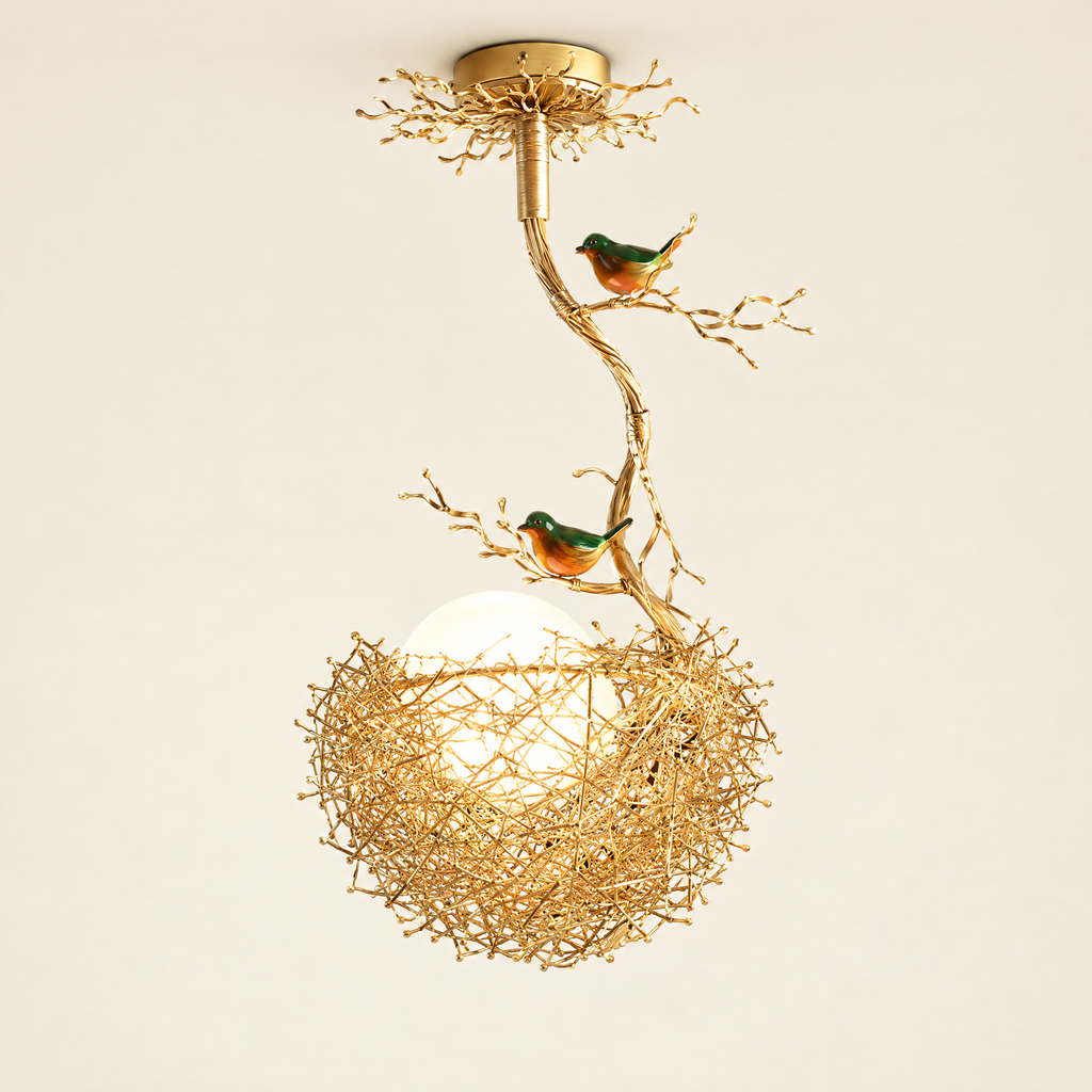Gold Bird Nest Ceiling Light - Single Nest Light on Cream Background