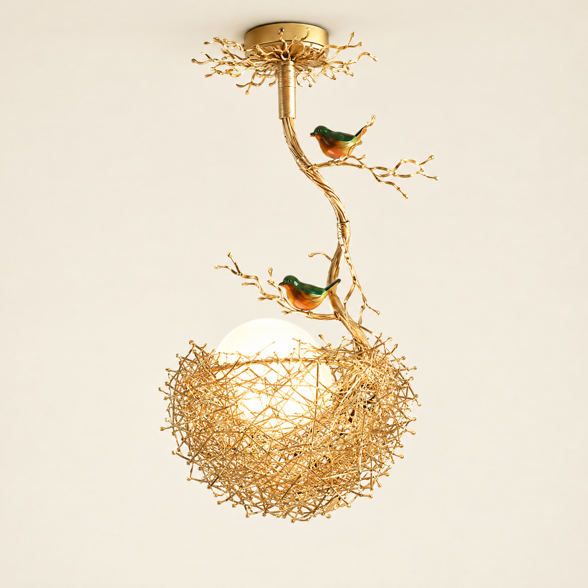 Gold Bird Nest Ceiling Light - Single Nest Light on Cream Background