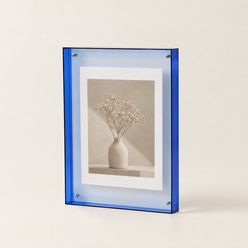 Clear Acrylic Picture Frame with Coloured Edges - Blue Edge Frame with Botanical Print