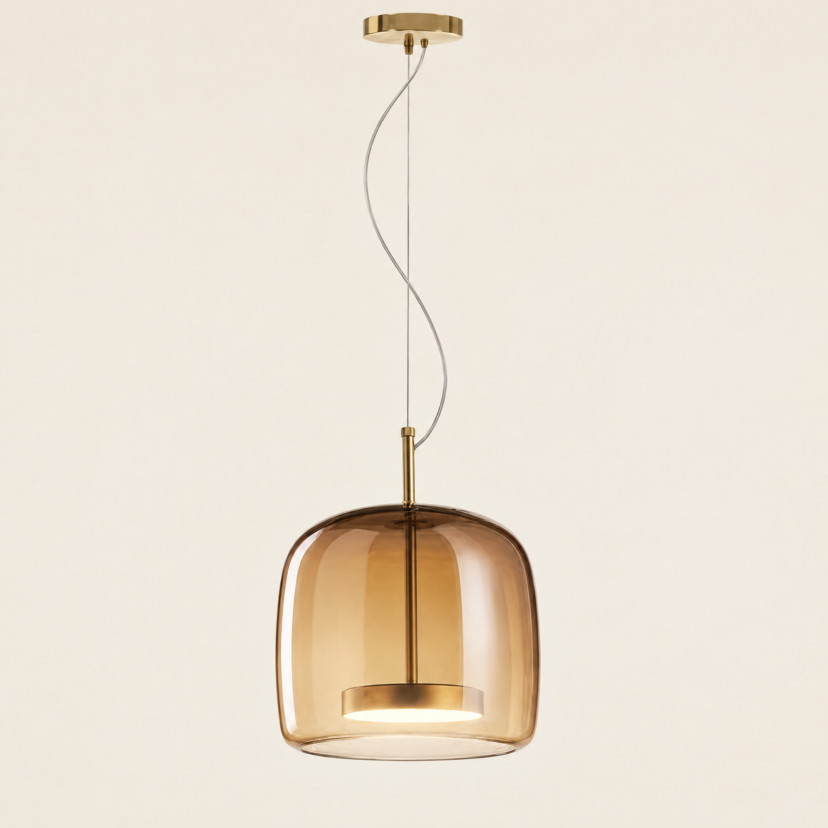 Tinted Glass Pendant Light - Amber Rounded Shade with Gold Canopy