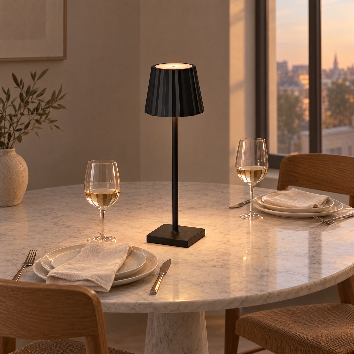 Cordless LED Table Lamp - Black Finish on Marble Dining Table