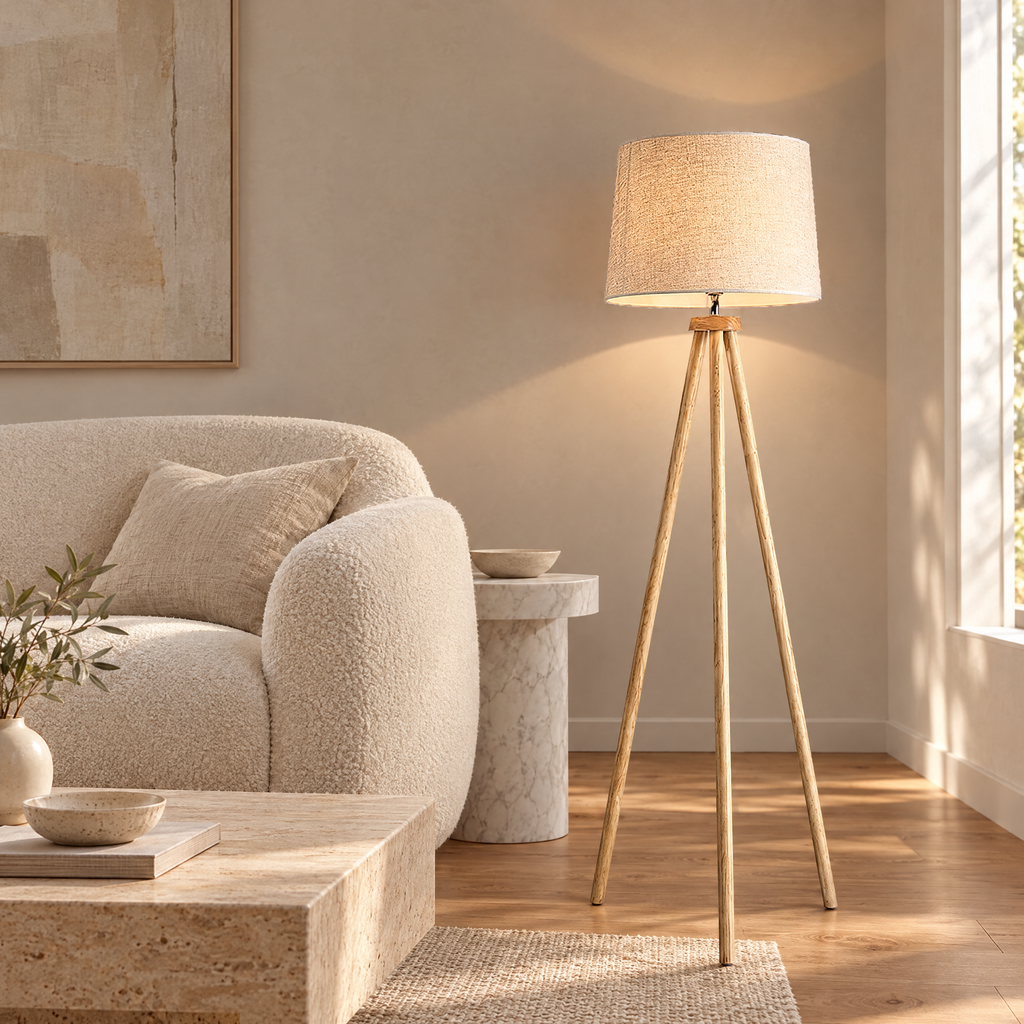 Wooden Tripod Floor Lamp with Linen Drum Shade - Beside Cream Armchair in Living Room