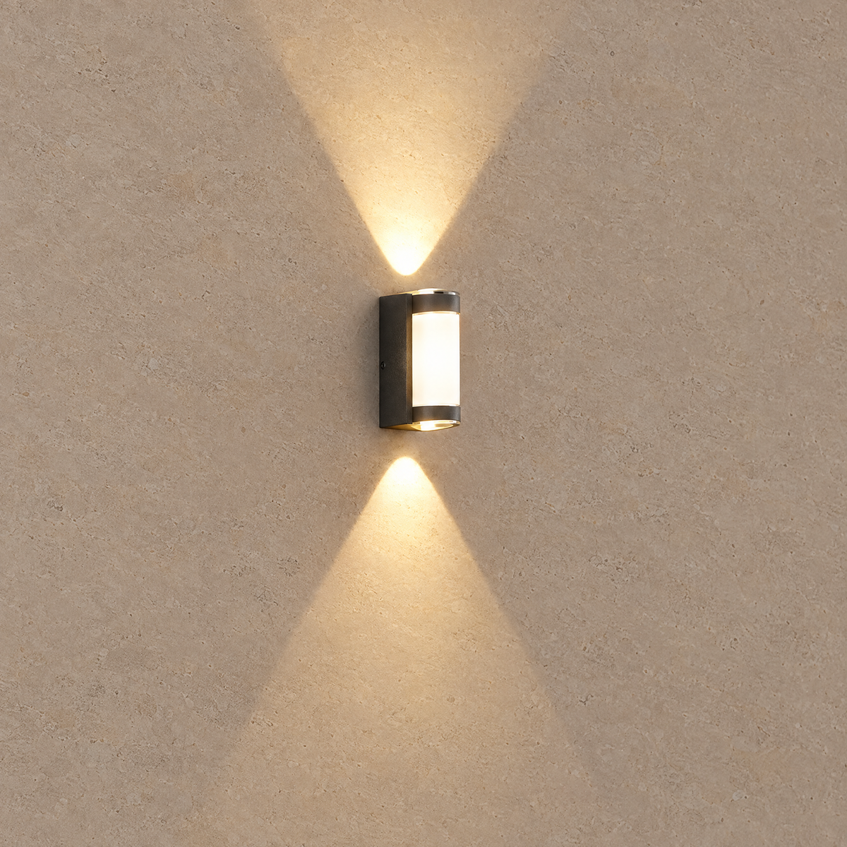 Up and Down Outdoor Wall Light - Black Finish Lit on Stone Wall