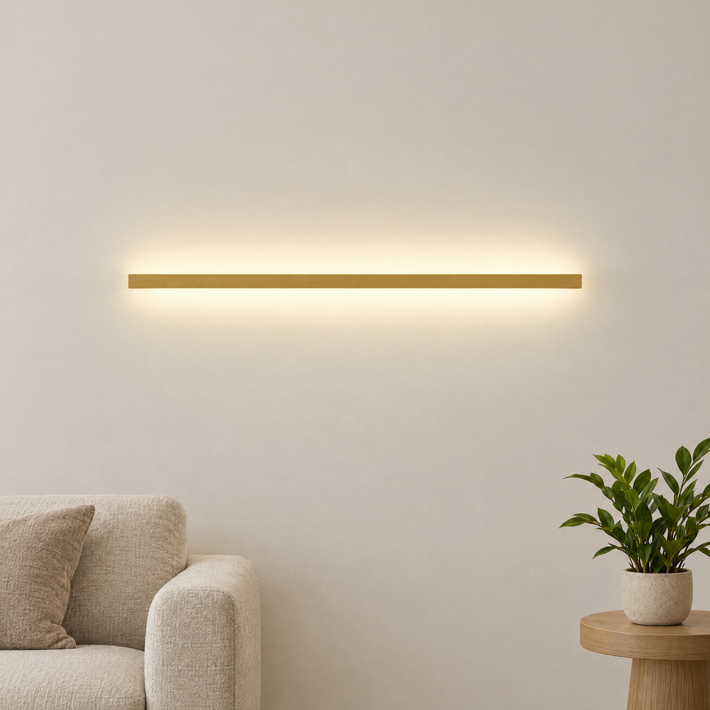 Slim Linear LED Wall Light - Gold Finish Horizontal Above Sofa