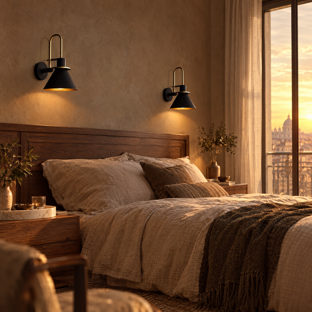 Mid-Century Wall Sconce with Cone Shade and Brass Arm - Pair of Black Sconces Above Bed at Sunset