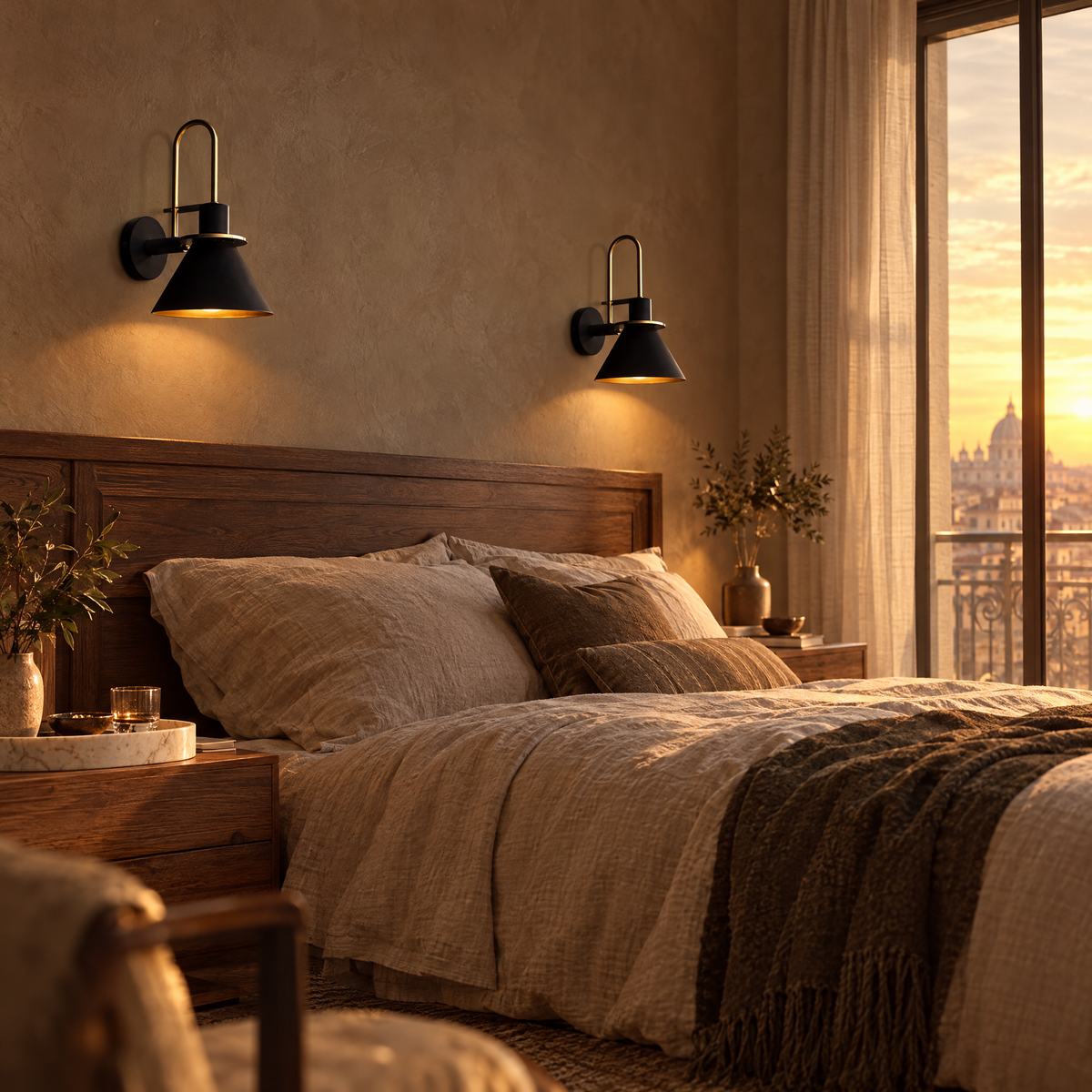 Mid-Century Wall Sconce with Cone Shade and Brass Arm - Pair of Black Sconces Above Bed at Sunset