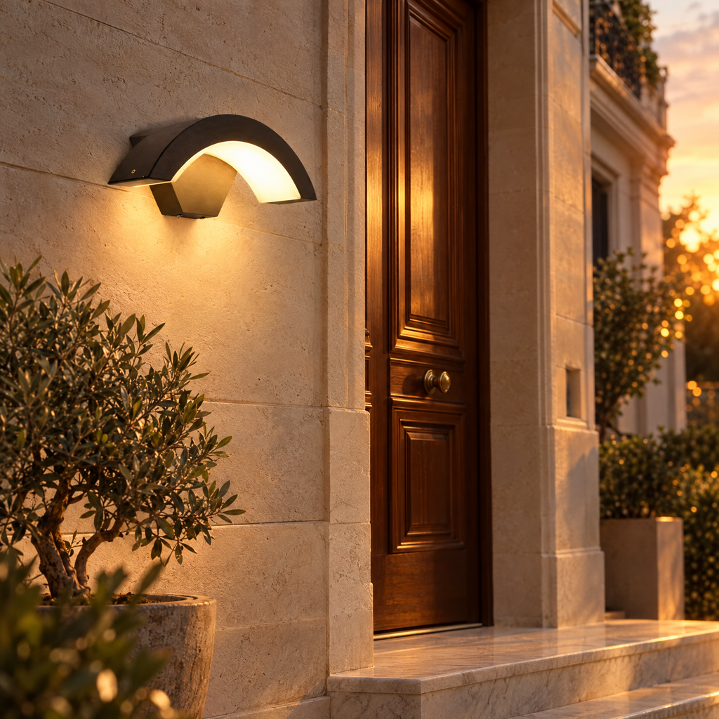 Modern Outdoor LED Wall Light - Beside Front Door at Sunset