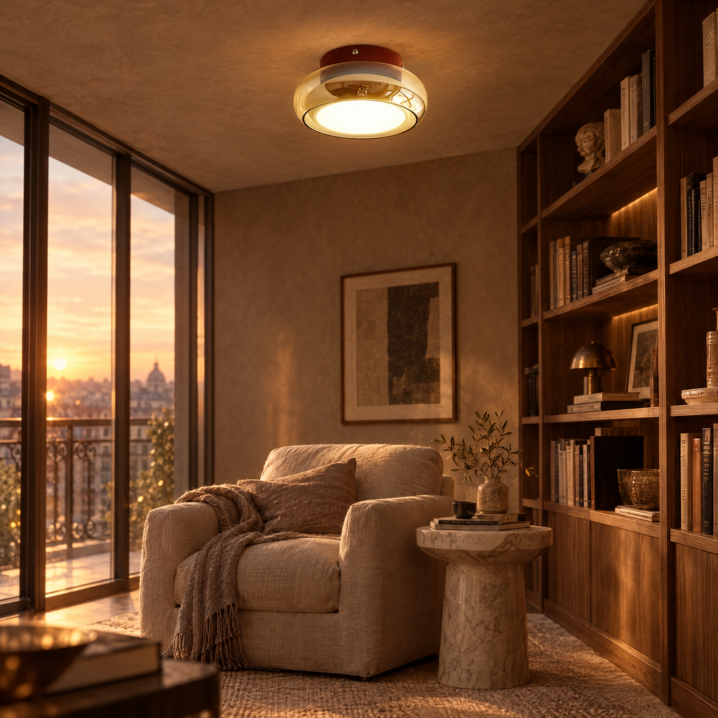Retro Smoked Glass Flush Ceiling Light - In Reading Nook at Sunset