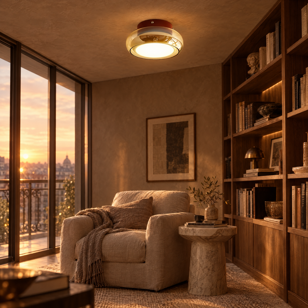 Retro Smoked Glass Flush Ceiling Light - In Reading Nook at Sunset