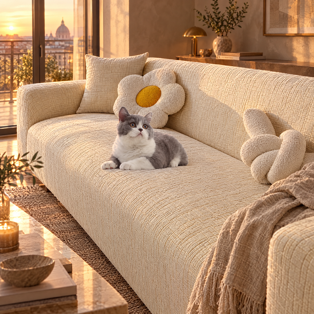 Stretch Jacquard Sofa Cover with Non-Slip Fit - White Cover in Living Room at Sunset