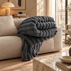 Ribbed Faux Lambswool Throw Blanket - Dark Grey Draped Over Sofa